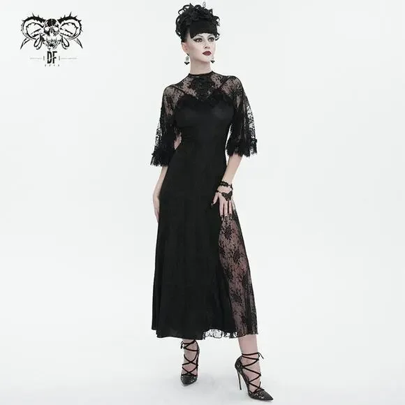 Devil Fashion Gothic Victorian 1930s 'Birds of a Feather' Lace Maxi Gown Dress - Picture 10 of 16